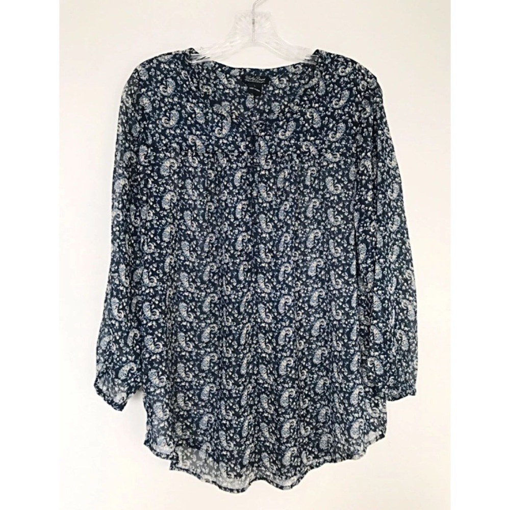 Lucky Brand Sheer Boho Paisley Blouse | Blue Floral Peasant Top Size L